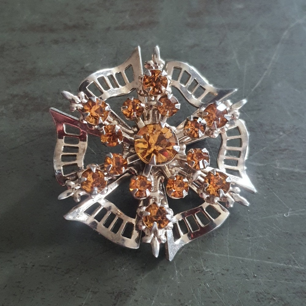 Vintage Flower Star Snowflake Brooch Pin Amber Color Rhinestone Open Metal Work